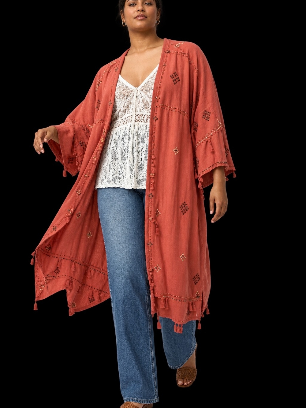 Boho Rust Embroidered Swim Cover-Up Kimono